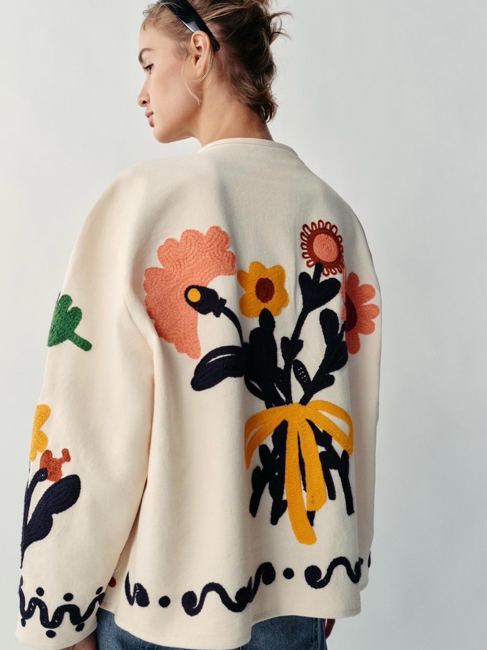 Cream Floral Embroidered Jacket - Women's Cozy Coat